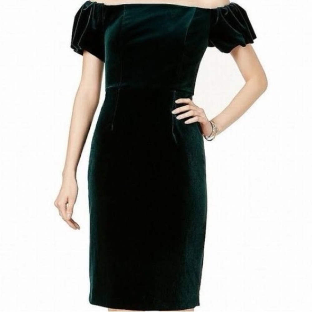 Betsy & Adam emerald velvet off shoulder knee length cocktail dress fitted sz 4